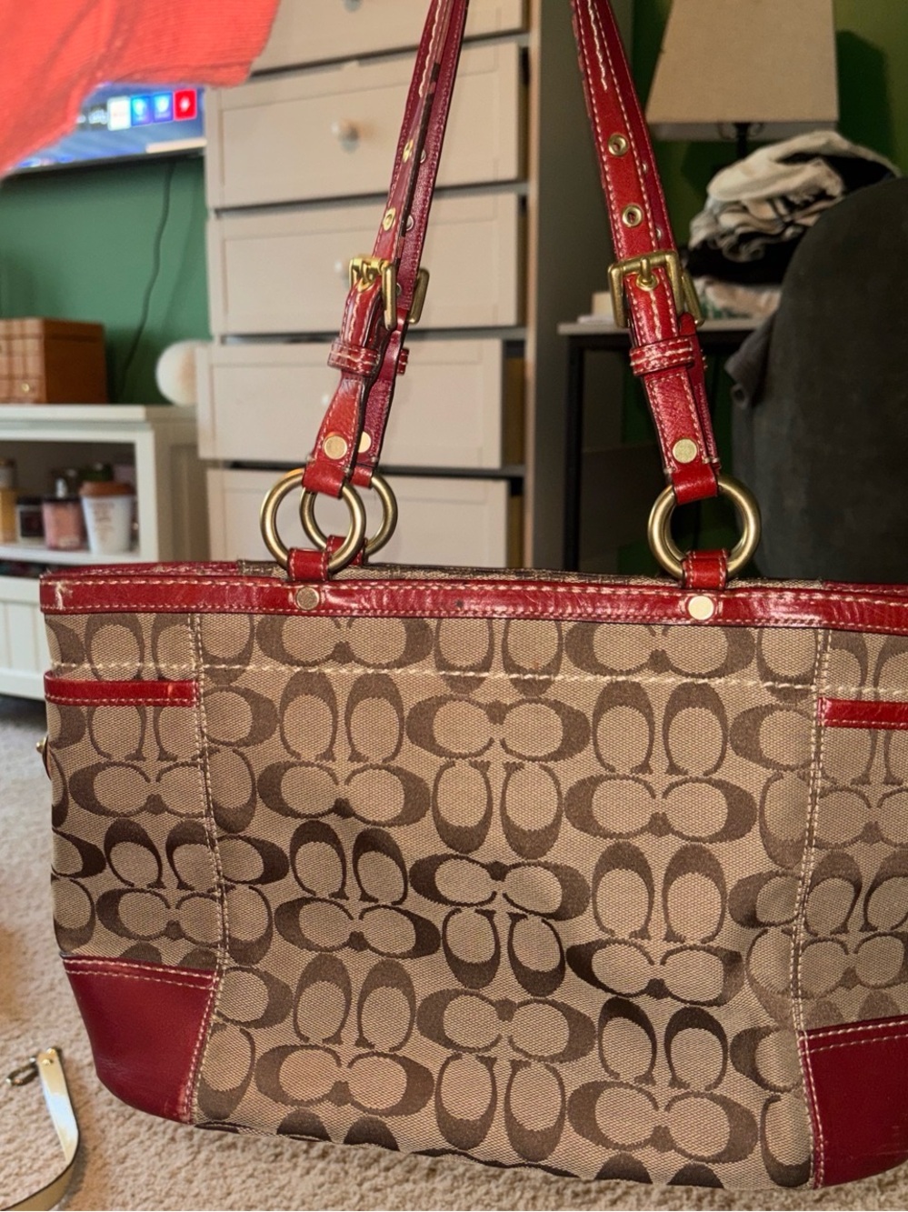 Coach Brown Signature Canvas Tote with Red Leather Trim